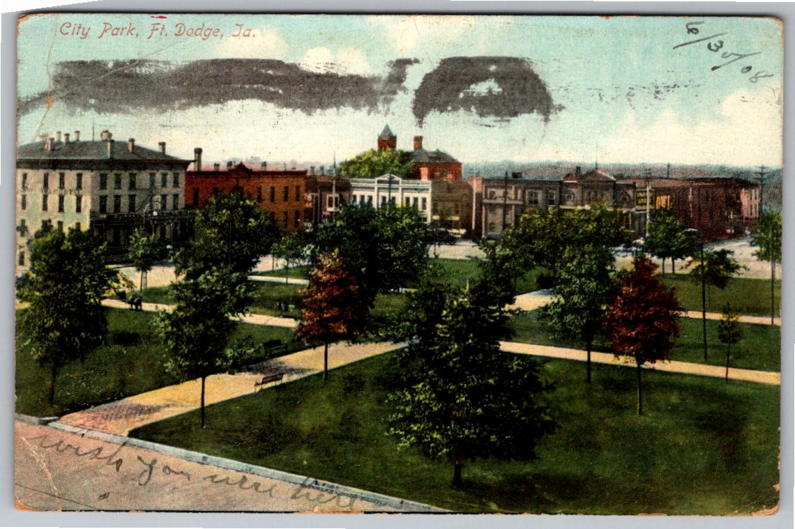 Vintage 1908 Fort Dodge, Iowa City Park & Downtown Postcard