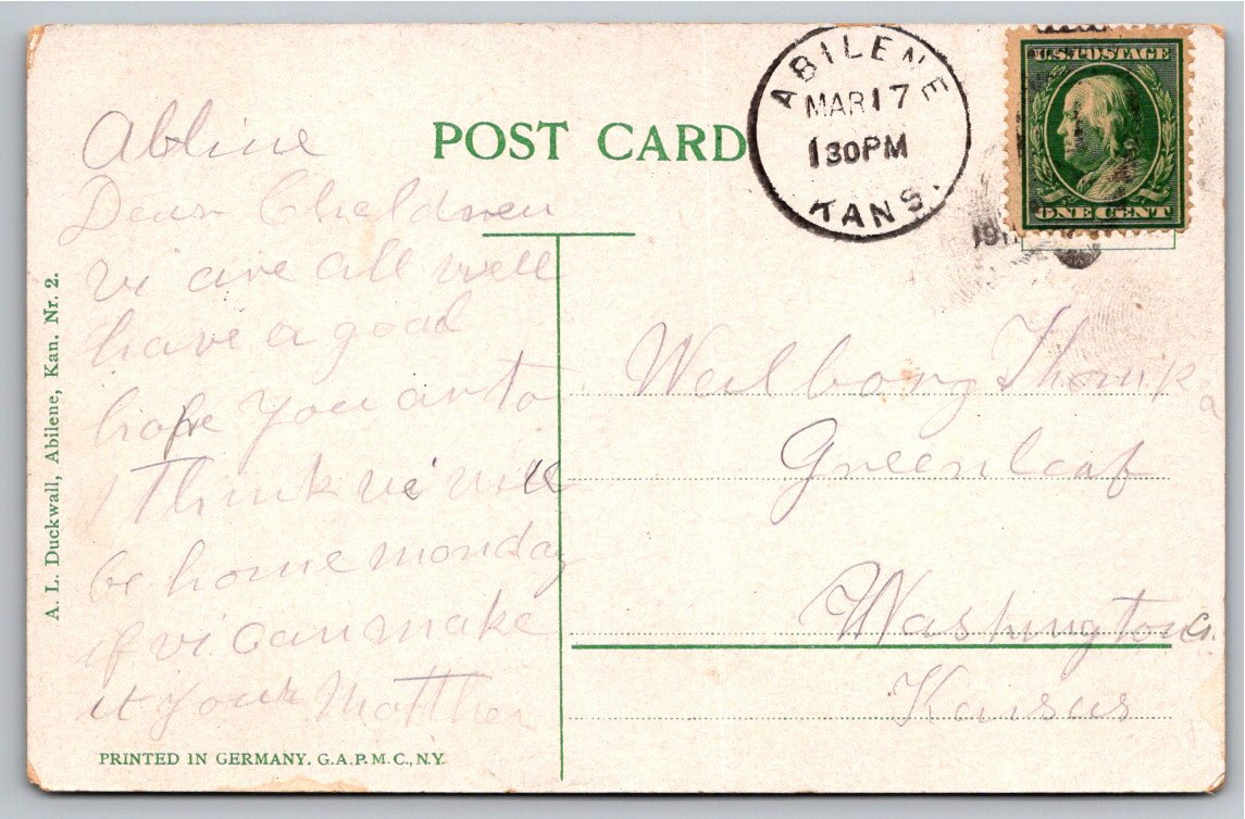 Vintage 1910 Abilene Kansas Postcard: Mud Creek Stream & - Back / Reverse View