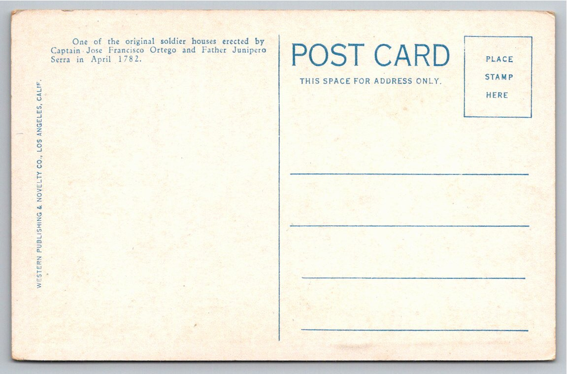 Vintage 1930s El Cuartel Postcard: Oldest House in Santa Barbara - Back / Reverse View