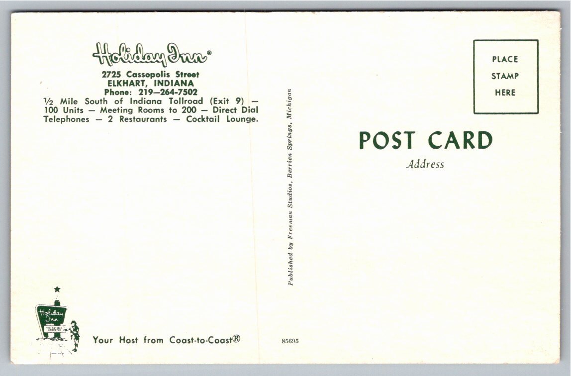 Vintage Holiday Inn Postcard - Cassopolis St, Elkhart IN - Back / Reverse View