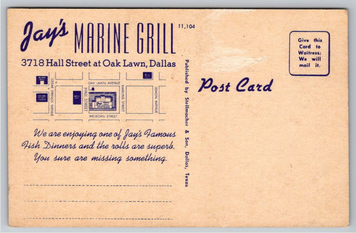 Vintage 1940s Jays Marine Grill Restaurant Postcard Dallas Texas - Back / Reverse View