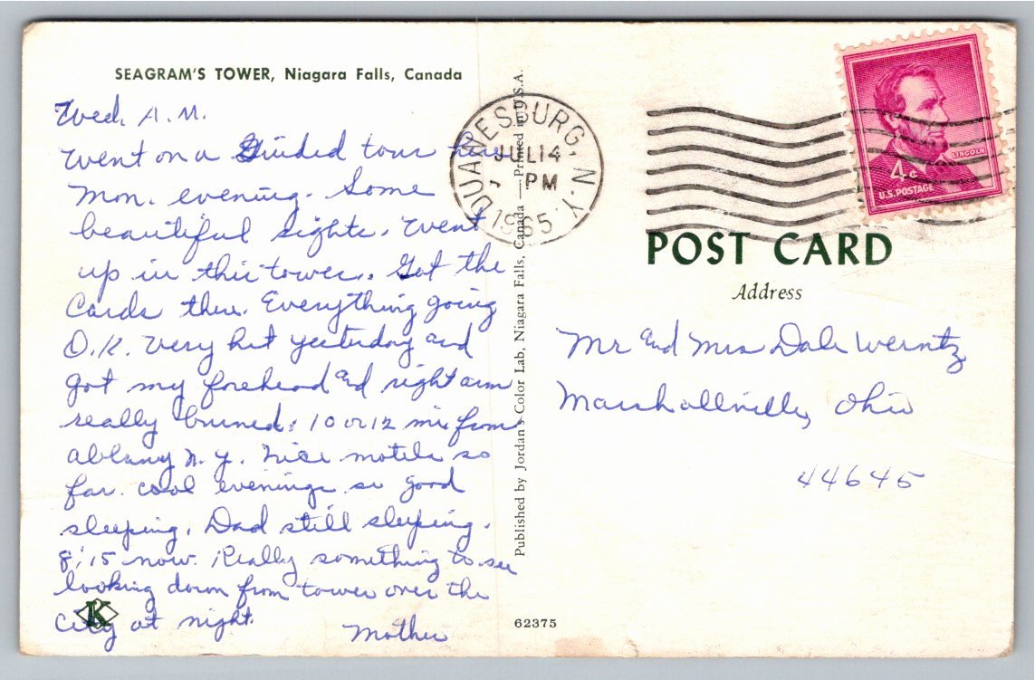 Vintage Seagrams Tower Postcard: Niagara Falls Landmark History - Back / Reverse View