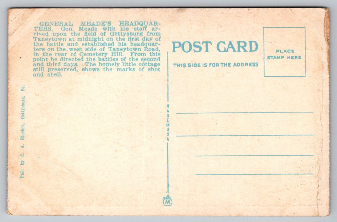 1900s General Meade Headquarters Gettysburg Postcard with - Back / Reverse View