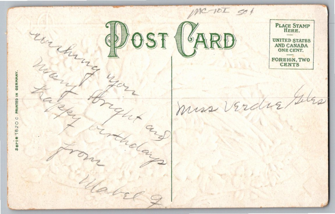 Antique 1910s German Embossed Birthday Postcard: Dove & Roses - Back / Reverse View