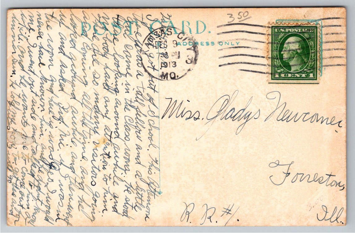 1913 Kansas City Missouri 11th St & McGee Vintage Color Postcard - Back / Reverse View