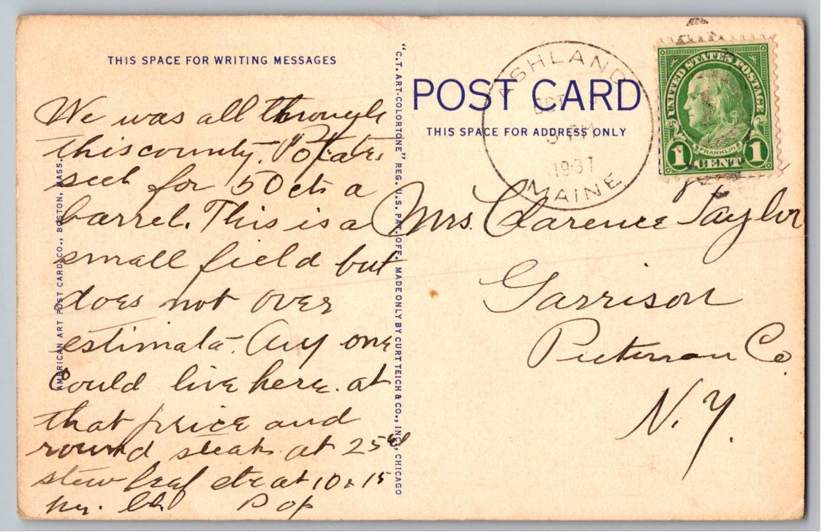 Vintage 1937 Linen Postcard: Maine Potato Harvest Aroostook - Back / Reverse View