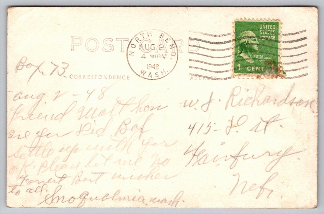 1948 Giant Fir Logs Vintage RPPC Postcard: Western Washington - Back / Reverse View