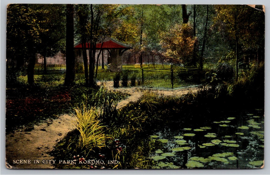 1912 Kokomo Indiana City Park Postcard: Gazebo & Water Lily Pond
