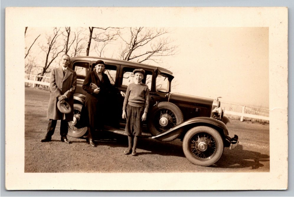 Vintage 1930s Family Snapshot Photograph with Classic Sedan Car