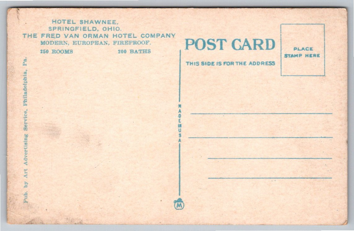 Vintage 1920s Hotel Shawnee Springfield Ohio Printed Postcard - Angle / View 2