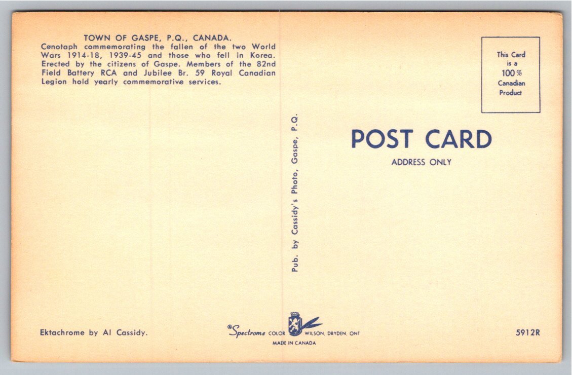 Gaspé, Quebec World War & Korea Memorial Cenotaph Vintage - Back / Reverse View