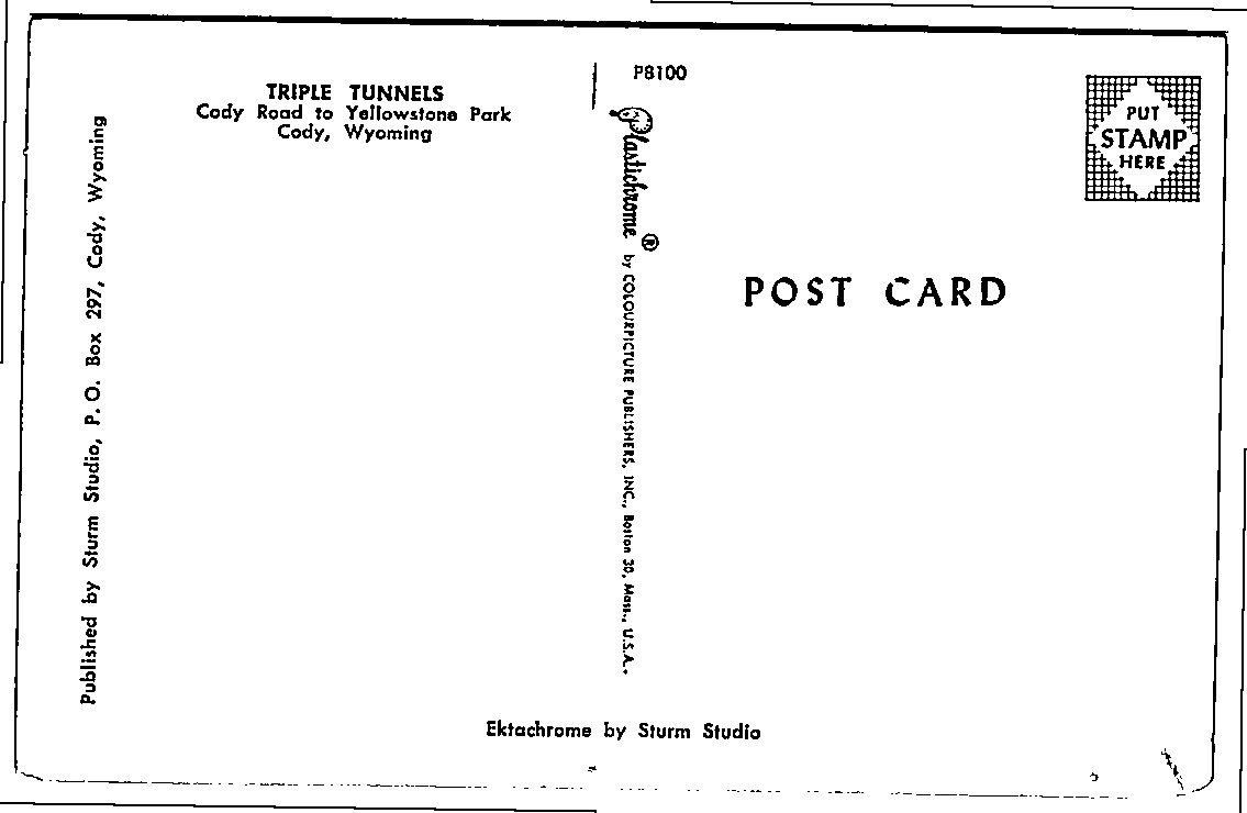 Vintage Yellowstone Cody Road Triple Tunnels Wyoming Postcard - Back / Reverse View
