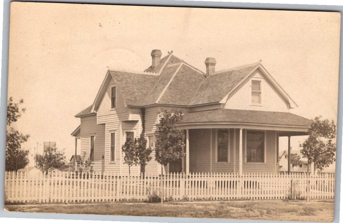 1910 Guymon Oklahoma Victorian House Picket Fence RPPC Postcard