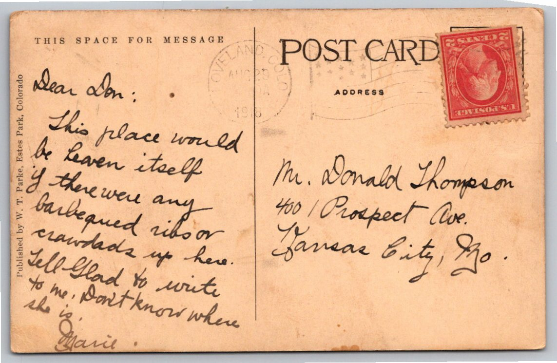 1918 Estes Park & Loveland Road Vintage Colorado Postcard View - Back / Reverse View