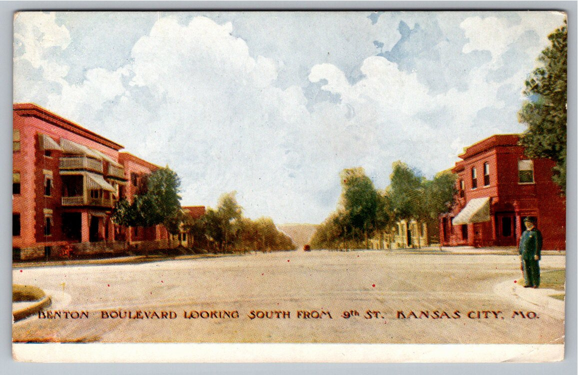 1908 Kansas City Vintage Postcard: Benton Boulevard Looking South