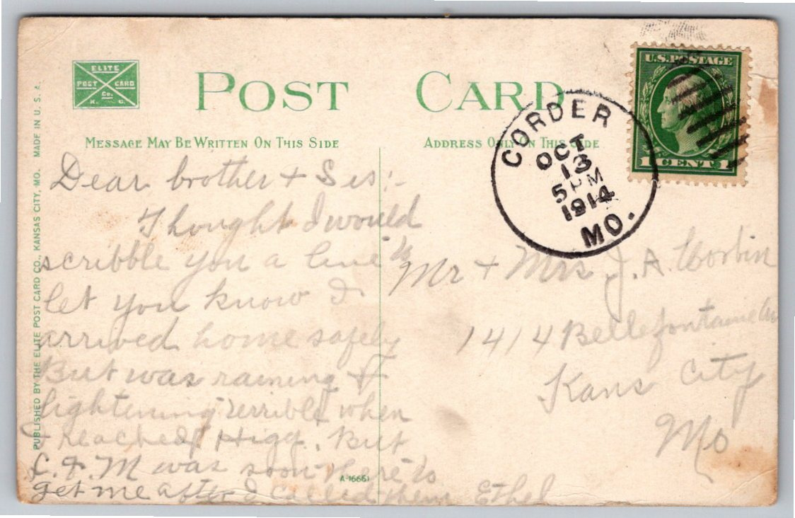 1914 Kansas City Color Postcard: Baltimore Avenue & Early Cars - Back / Reverse View
