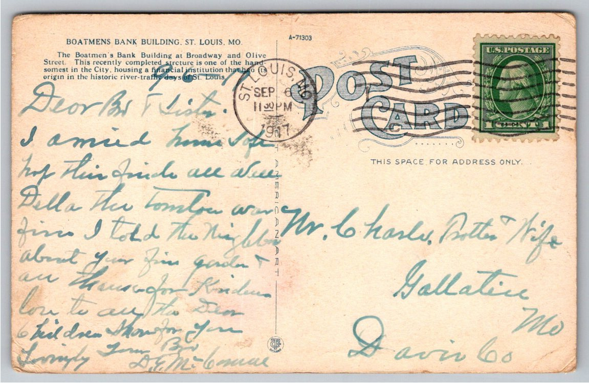 1917 Boatmens Bank Building St. Louis Missouri Vintage Postcard - Back / Reverse View
