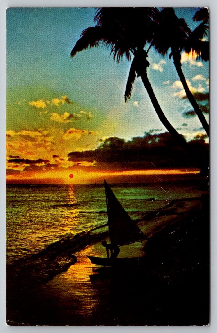 Vintage Hawaiian Sunset Postcard: Coconut Palms & Outrigger