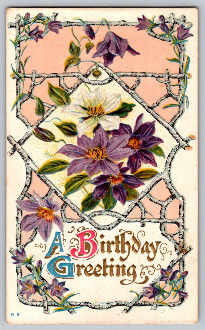 Antique 1910s Embossed Purple Clematis Birthday Greeting Postcard