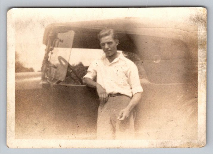 1930s Vintage Snapshot: Young Man Leaning on Classic Coupe