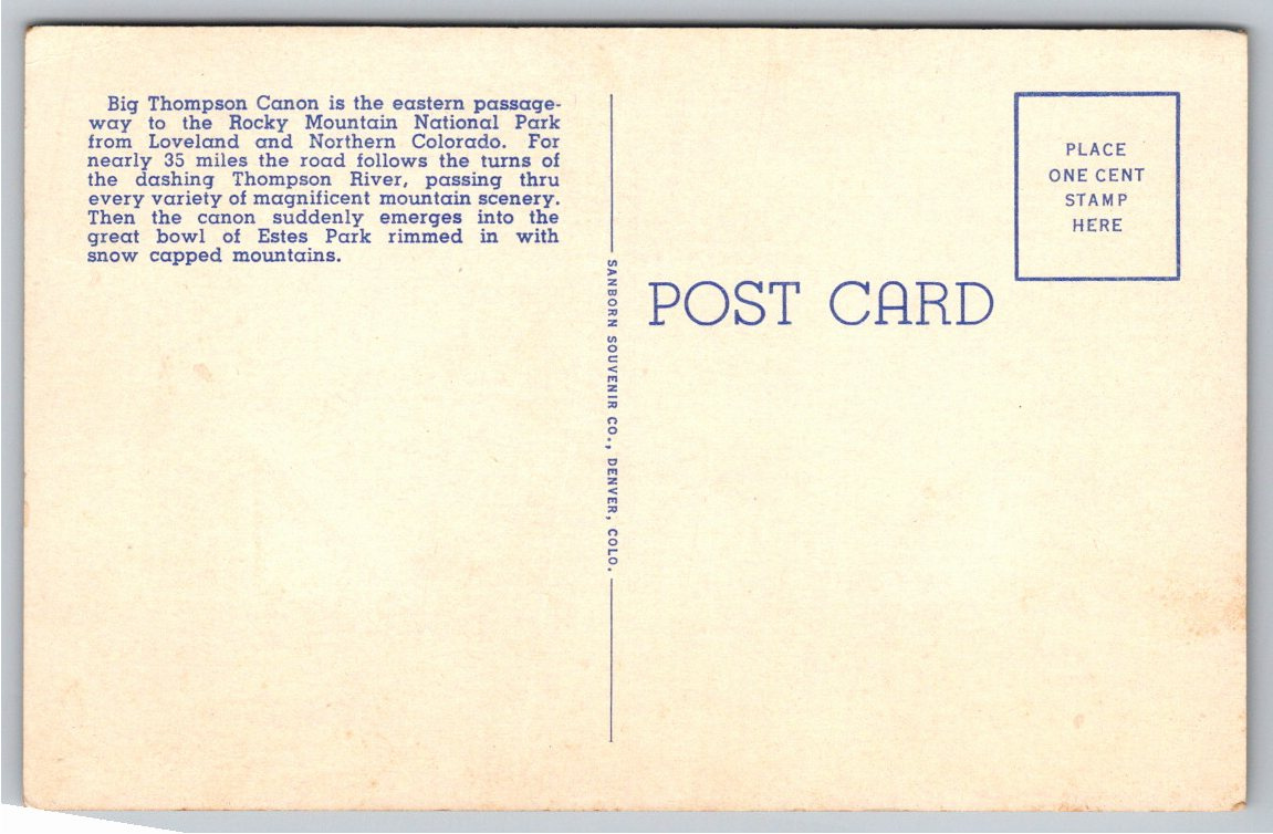 1930s Big Thompson Canyon Highway Colorado Vintage Linen Postcard - Back / Reverse View