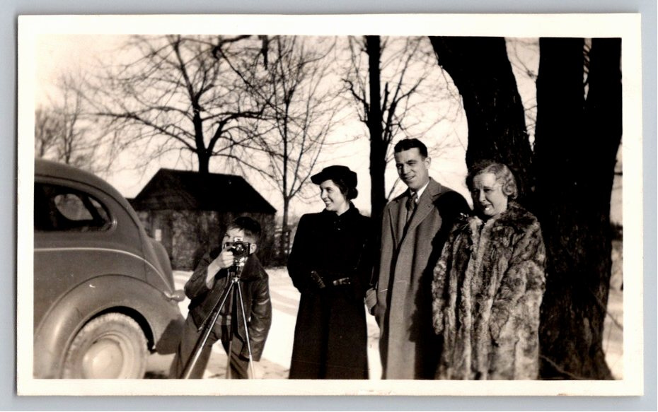 1940s Vintage Snapshot Boy Photographing Family with Camera