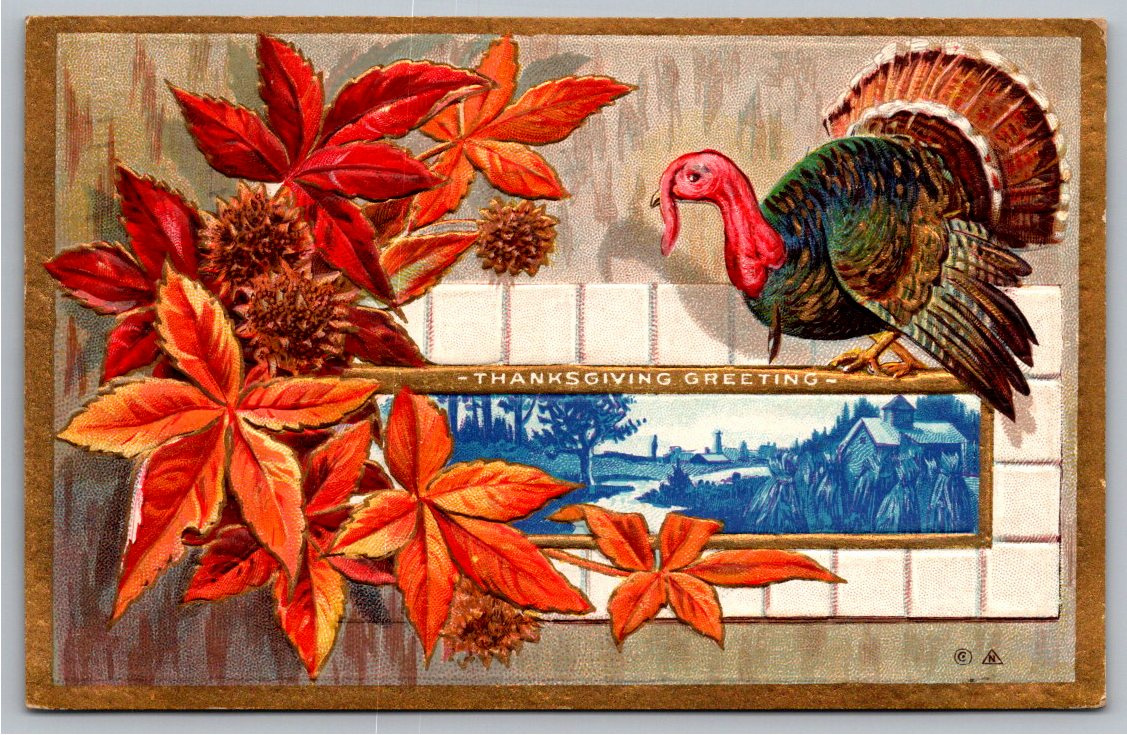 Antique 1910 Embossed Thanksgiving Postcard: Turkey & Autumn