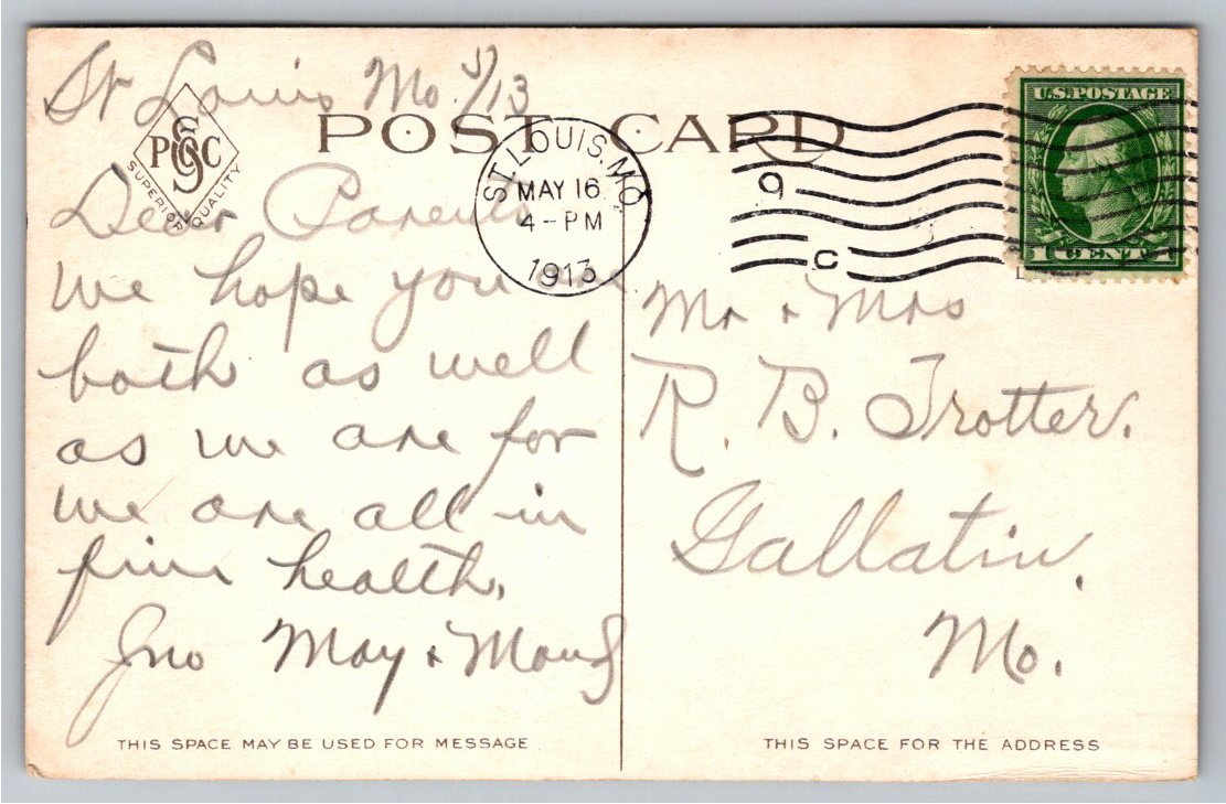 1913 Grants Cabin Postcard: Historic St. Louis Missouri Home - Back / Reverse View