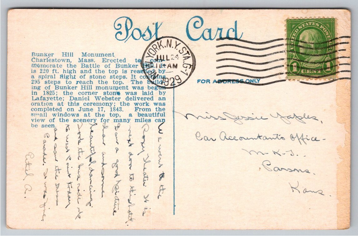 1929 Bunker Hill Monument Color Postcard: A Boston History Gem - Back / Reverse View