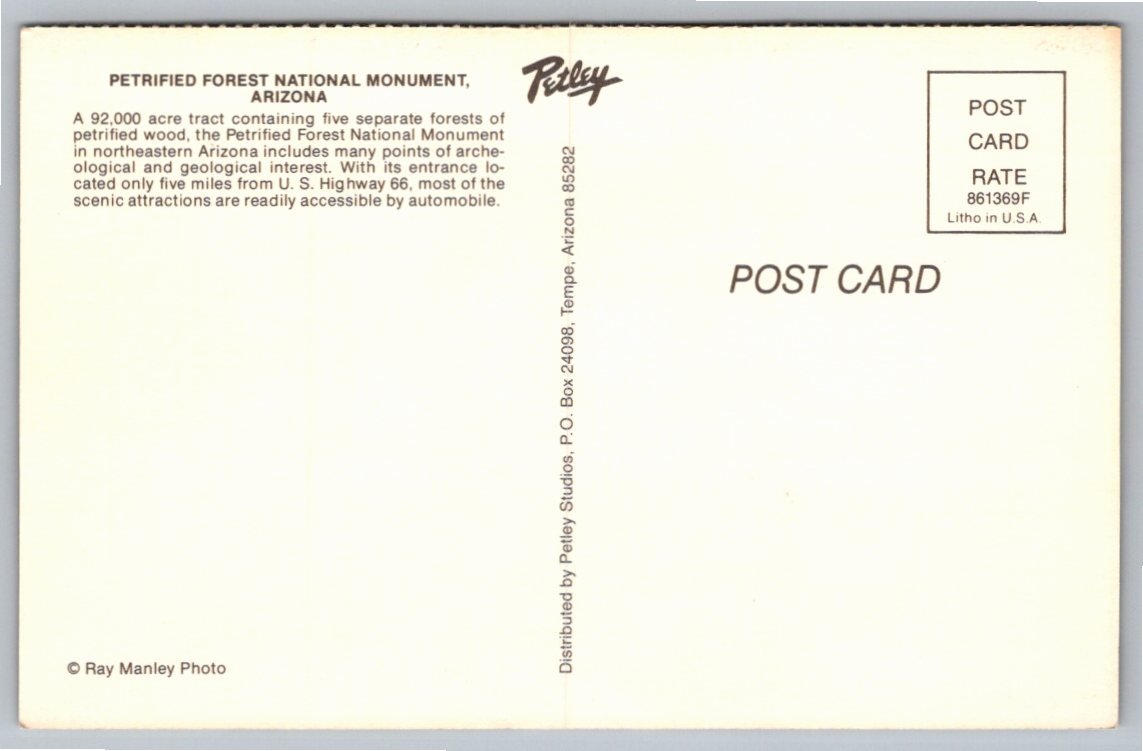 Vintage Petrified Forest National Monument Postcard by Ray Manley - Back / Reverse View