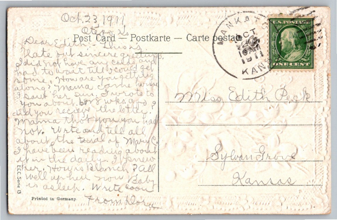 1911 Embossed Silver Birthday Postcard with Bluebirds & Pansies - Back / Reverse View
