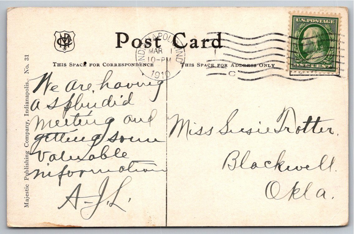 1910 IOOF Building Indianapolis Vintage Postcard with Streetcars - Back / Reverse View