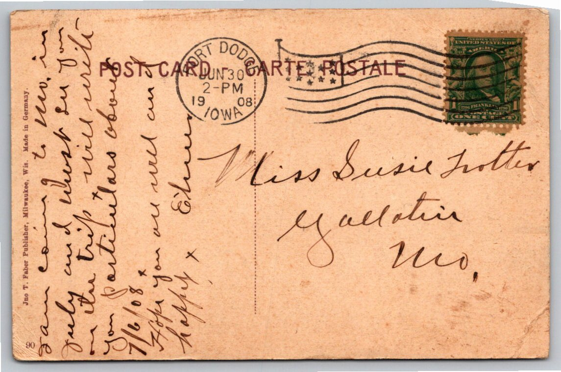 Vintage 1908 Fort Dodge, Iowa City Park & Downtown Postcard - Back / Reverse View