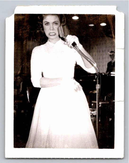 Vintage 1950s B&W Photo: Female Singer Making Funny Face on Stage