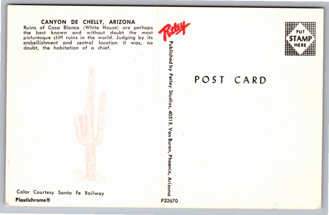 Vintage Canyon De Chelly Arizona Postcard: Casa Blanca White - Back / Reverse View