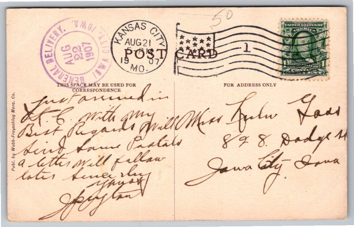 Antique 1907 Colonnade Apartments Postcard Armour Blvd Kansas - Back / Reverse View