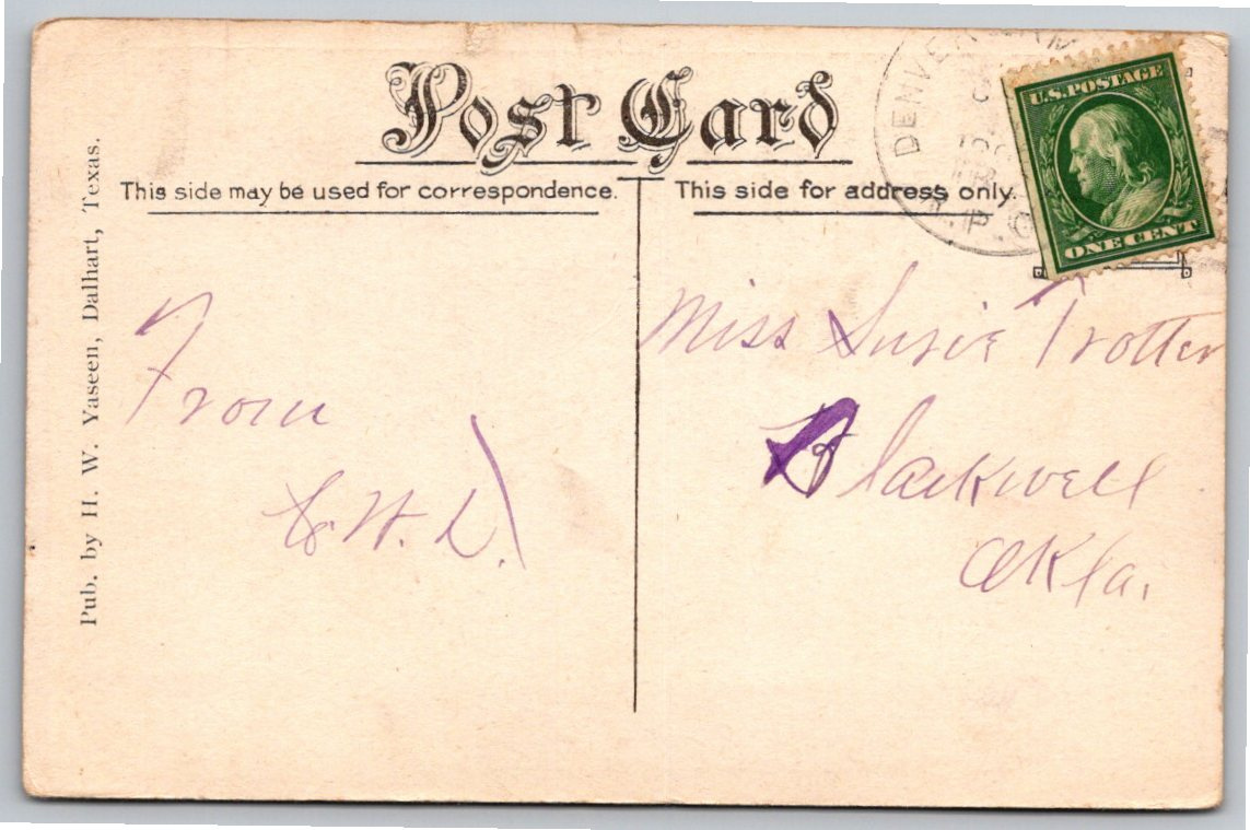 1910s De Soto Hotel Postcard: Historic Dalhart, Texas Landmark - Back / Reverse View