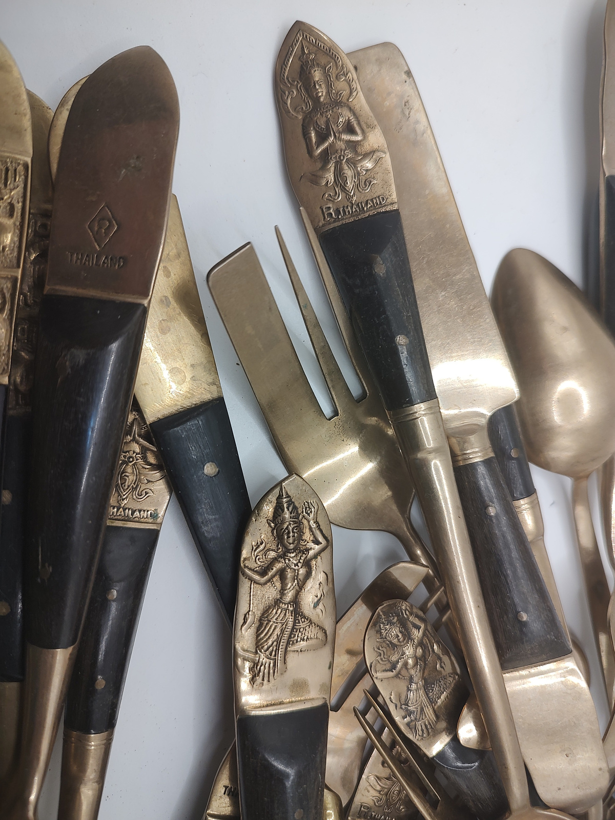 Vintage Thai Brass Cutlery Set: Mid-Century Siam Goddess Flatware - Angle / View 3