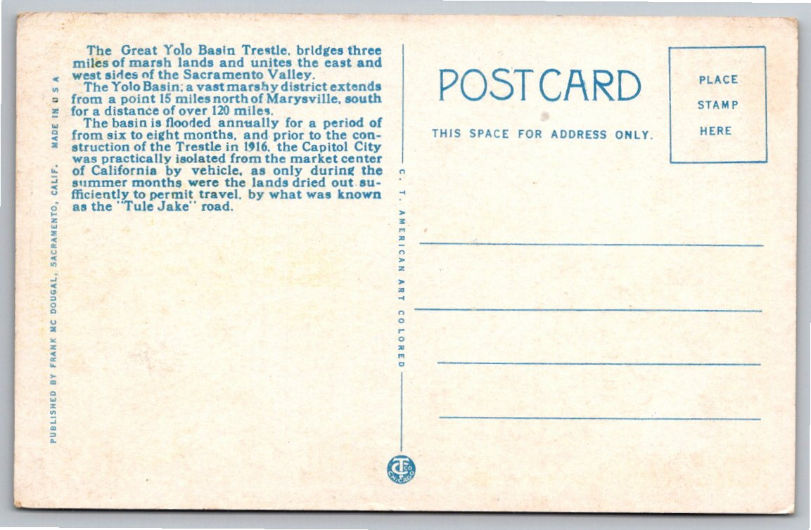 Vintage 1920s Yolo Basin Causeway Postcard: Sacramento to Davis - Back / Reverse View