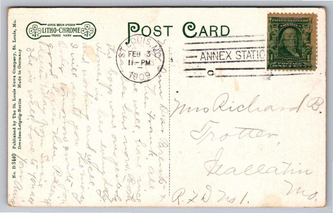 1909 Chain of Rocks Water Works Park Vintage Postcard | St. Louis - Back / Reverse View