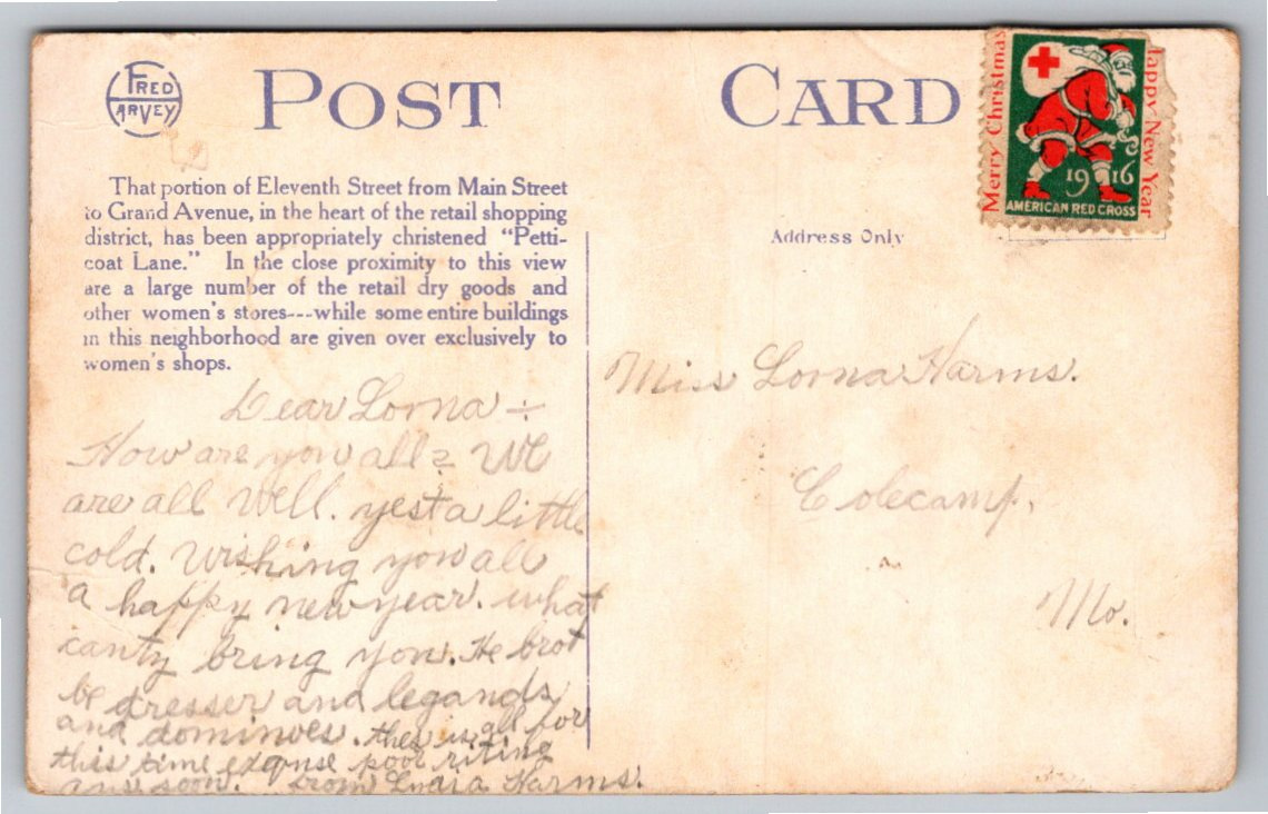 1910s Petticoat Lane Kansas City MO Fred Harvey Vintage Postcard - Back / Reverse View