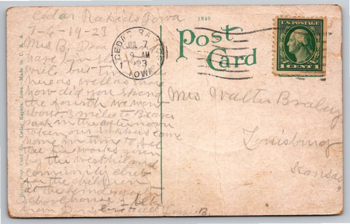 Vintage 1923 Coe College Postcard | Cedar Rapids, Iowa Campus - Back / Reverse View