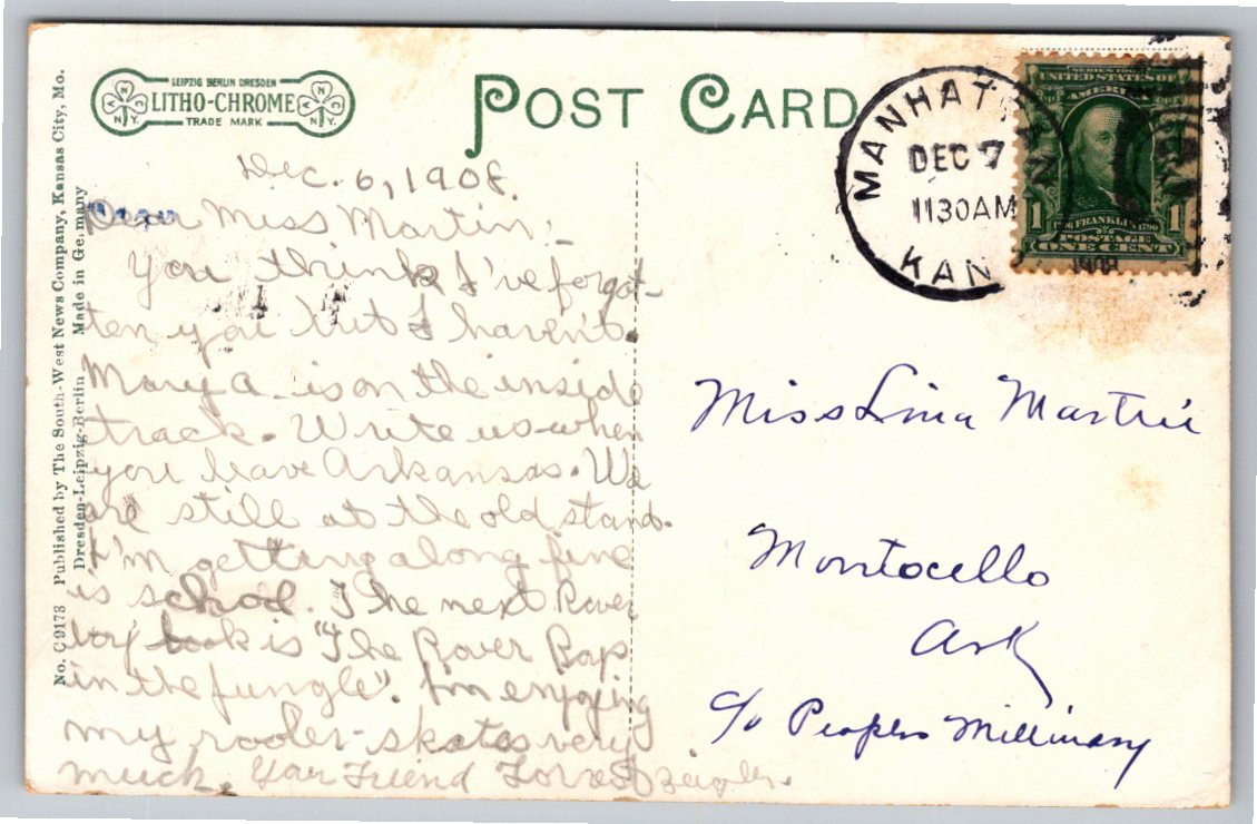 1908 Vintage Postcard: Anderson Hall at Kansas State College - Back / Reverse View