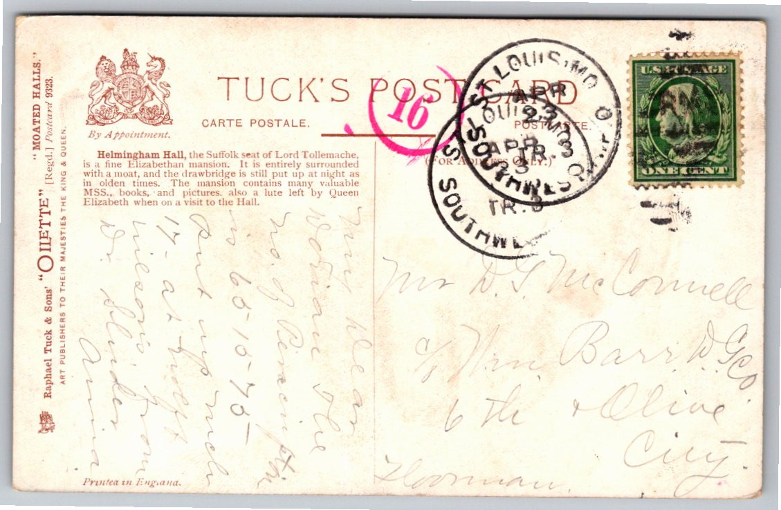 Antique Helmingham Hall Suffolk England Tuck Oilette Postcard - Back / Reverse View