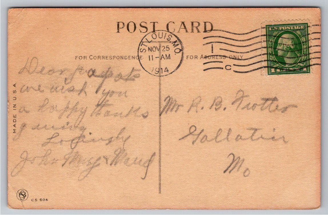 1914 Antique Thanksgiving Postcard: Boy on Pumpkin with Turkey - Back / Reverse View