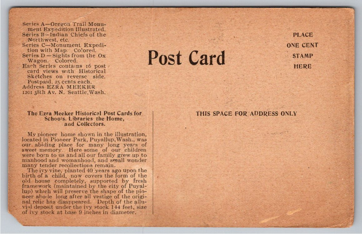 c.1910s Ezra Meeker Pioneer Log Cabin Postcard Puyallup - Back / Reverse View