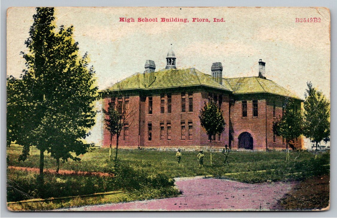 Vintage 1900s Flora High School Postcard, Carroll County Indiana
