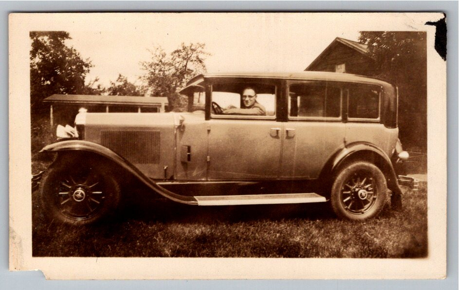 Vintage 1920s Antique Sedan Car with Driver Rural Snapshot Photo