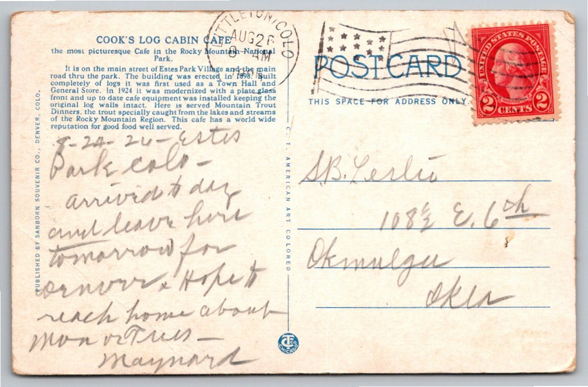 Vintage 1926 Postcard: Cooks Log Cabin Cafe, Estes Park - Back / Reverse View