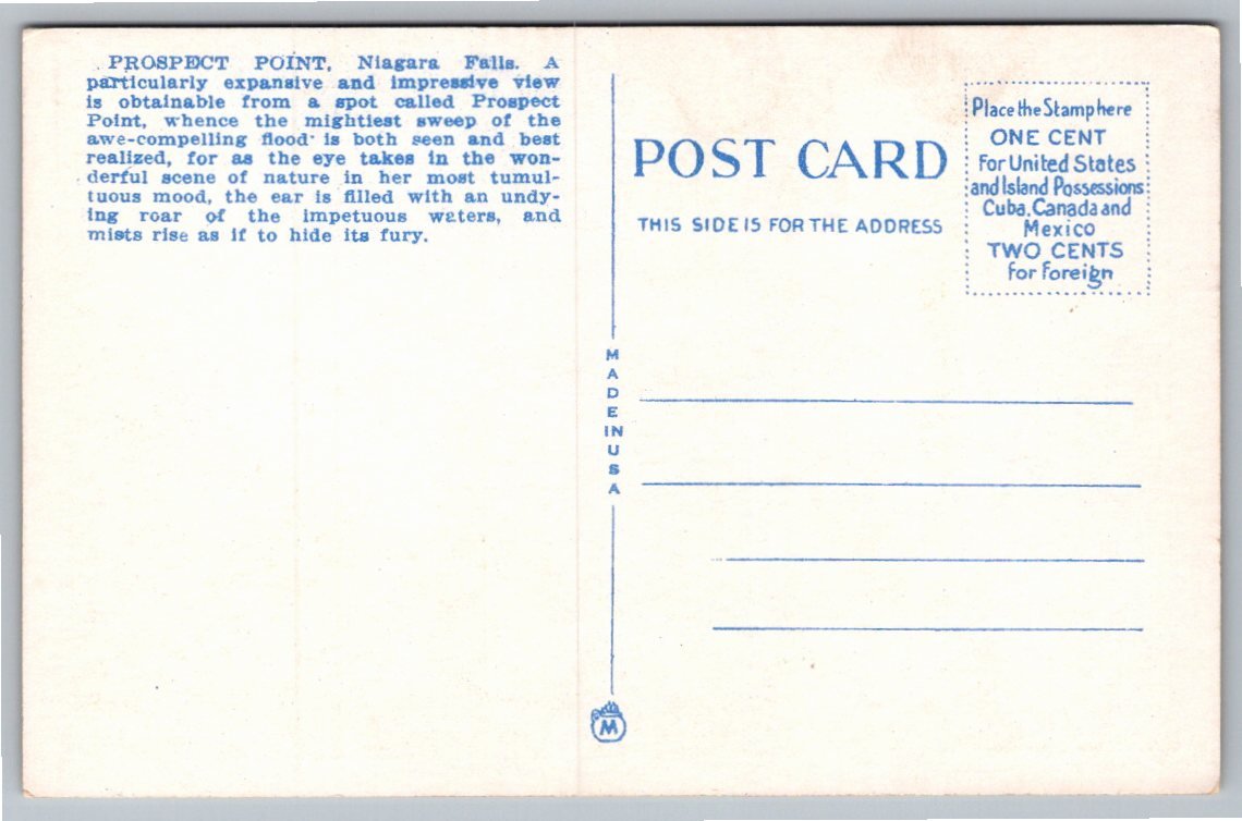 Vintage Prospect Point Postcard: Niagara Falls NY Scenic Landmark - Back / Reverse View
